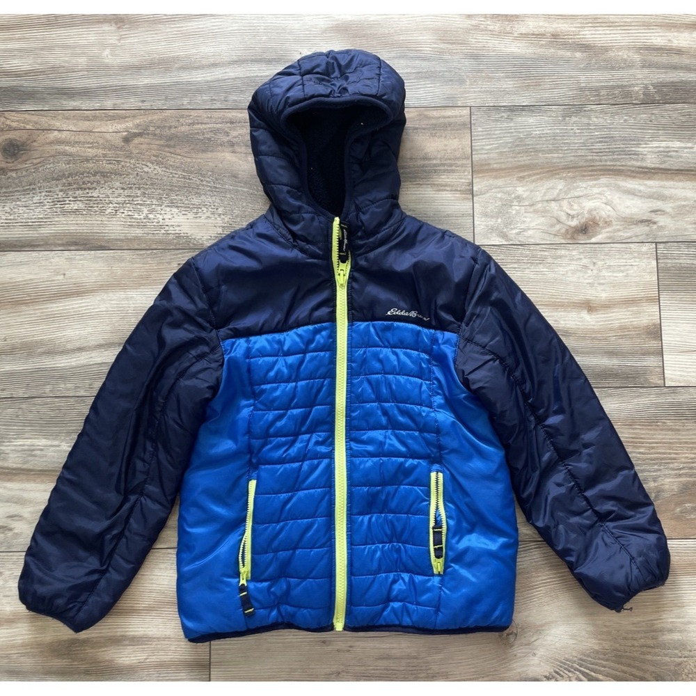 Eddie Bauer Blue Puffer Jacket Kids Size Small 7/8 Fleece Lined Hooded Coat